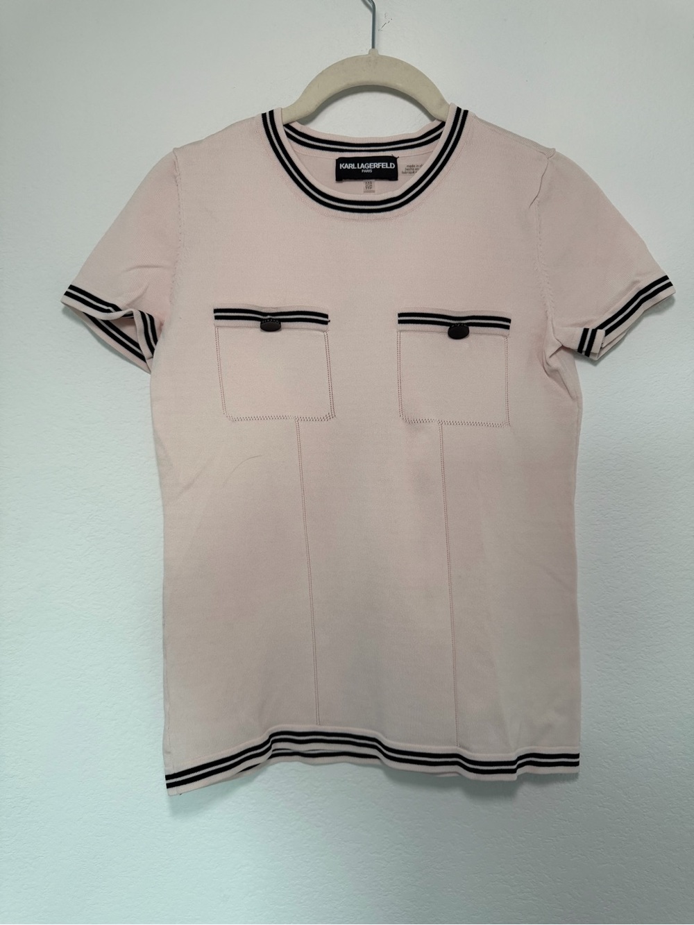 Karl Lagerfeld Pale Pink Short Sleeve Knit Tee with Black-Trim Pockets XXS